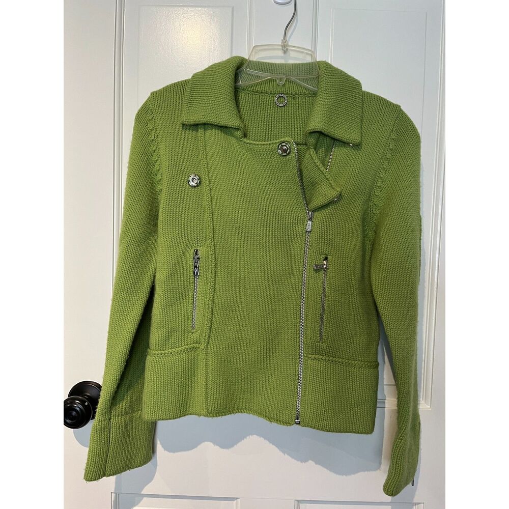 One Girl Who Anthropologie Green Knit Moto Jacket Cardigan Chunky Sweater S